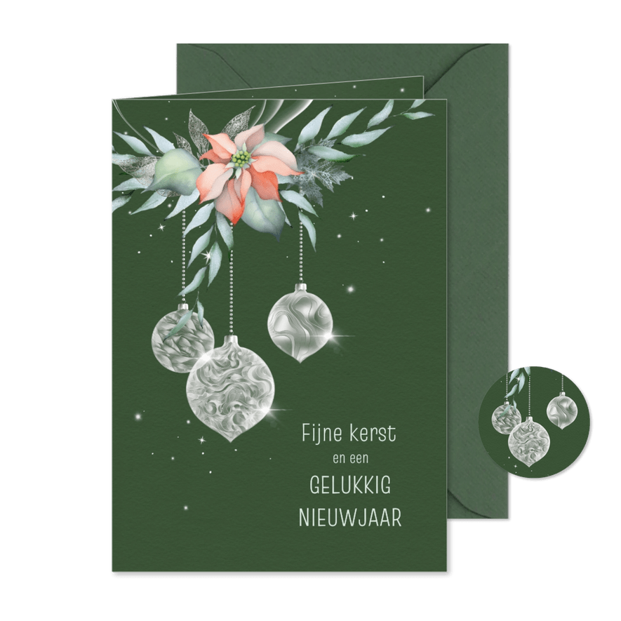Kerstkaart kerstster en zilveren ballen - Kaartimpressie