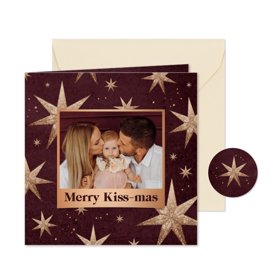 Kerstkaart kerststerren foto kissmas liefde feestdagen rood - Kaartimpressie