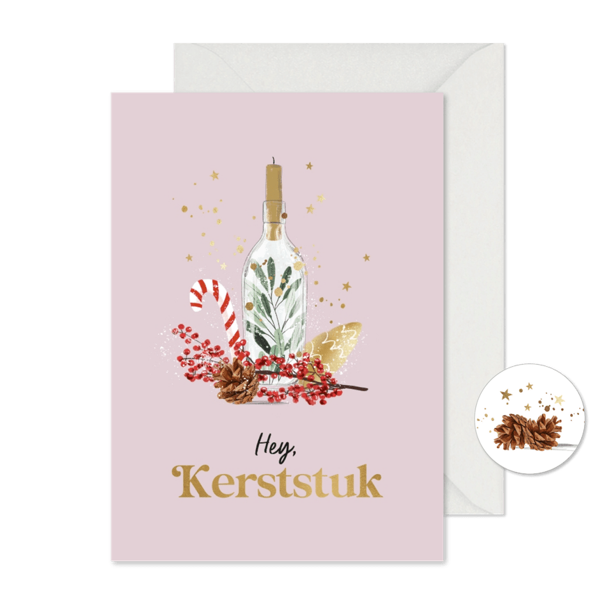Kerstkaart 'Kerststuk' in roze met goudlook en kerstelement - Kaartimpressie