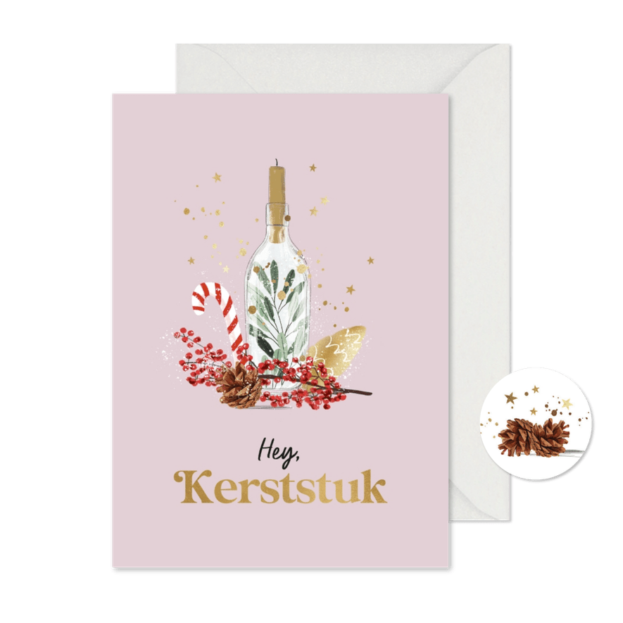 Kerstkaart 'Kerststuk' in roze met goudlook en kerstelement - Kaartimpressie