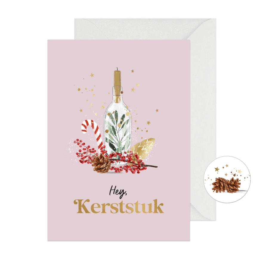 Kerstkaart 'Kerststuk' in roze met goudlook en kerstelement - Kaartimpressie