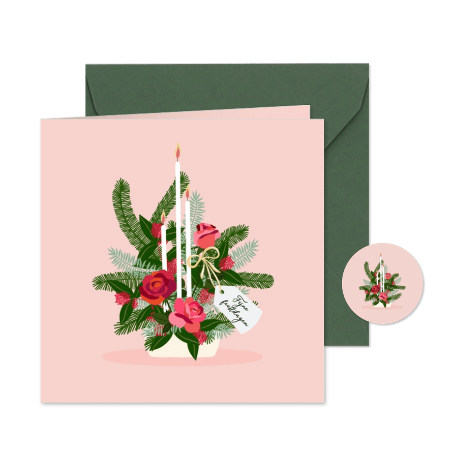 Kerstkaart - Kerststukje met bloemen en kaars - Kaartimpressie