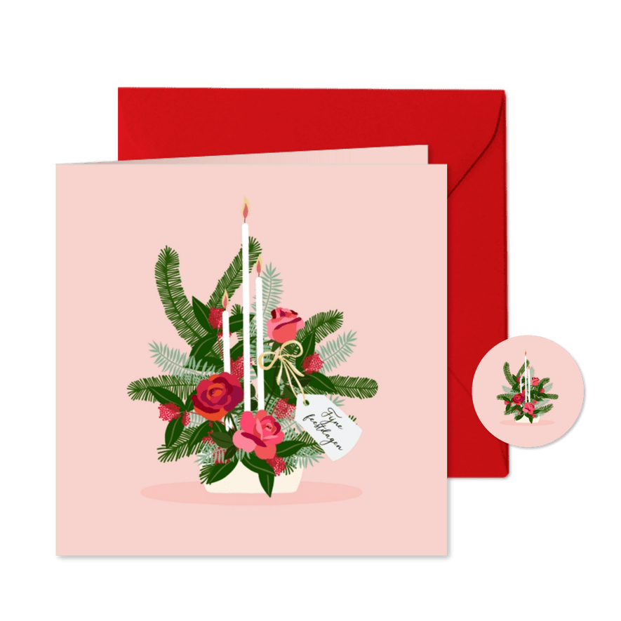 Kerstkaart kerststukje met bloemen en kaars - Kaartimpressie