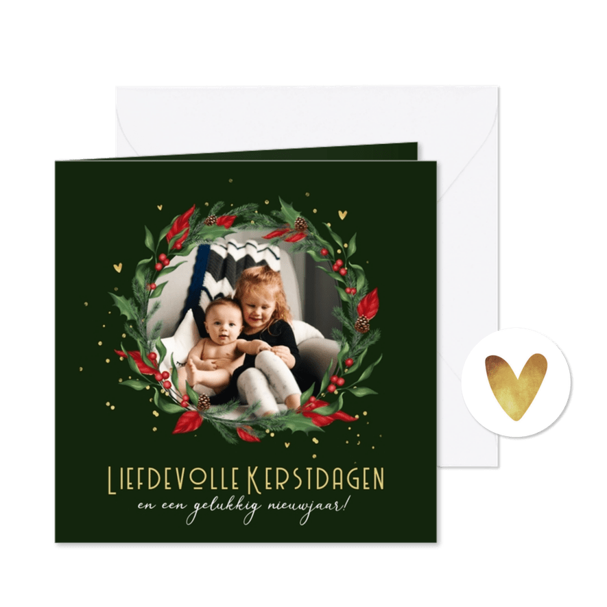 Kerstkaart kersttakjes krans goud hartjes foto - Kaartimpressie