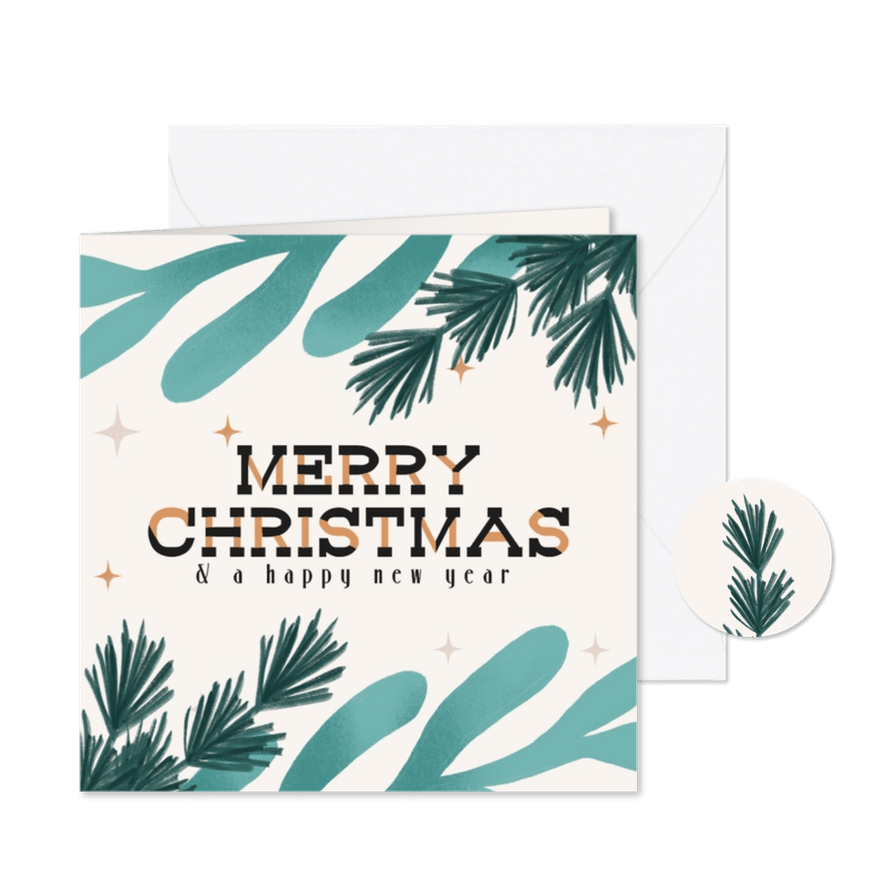 Kerstkaart kersttakken en sterren - Kaartimpressie