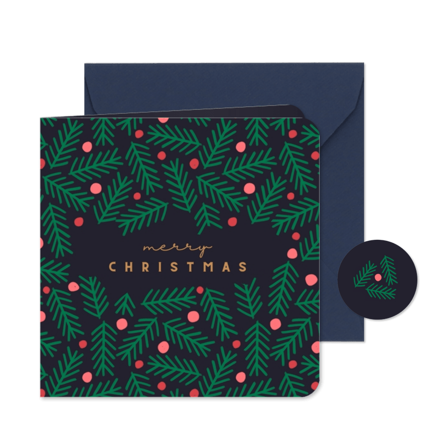 Kerstkaart kersttakken met rode ballen blauw vierkant - Kaartimpressie