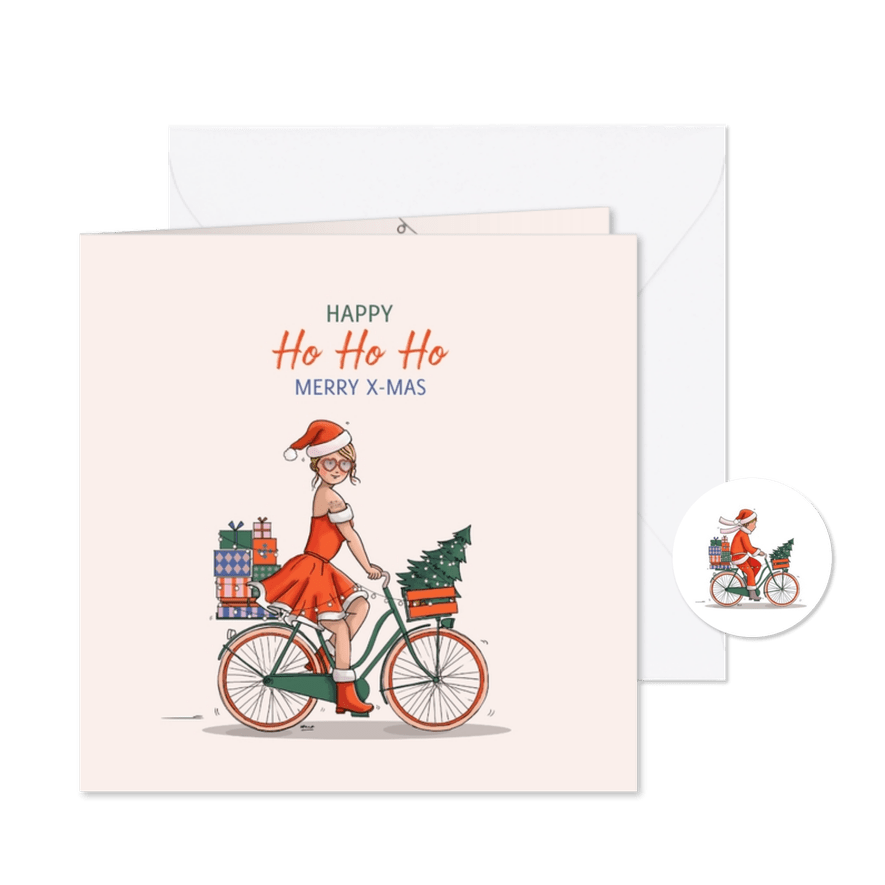 Kerstkaart kerstvrouw op fiets - Kaartimpressie