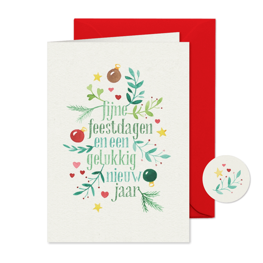 Kerstkaart kerstwens met aquarel twijgjes en kerstballen - Kaartimpressie