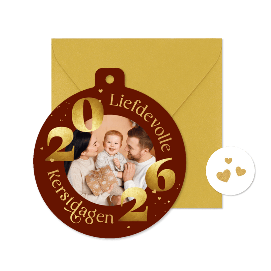 Kerstkaart kertbal hartjes liefdevolle kerstdagen foto 2026 - Kaartimpressie