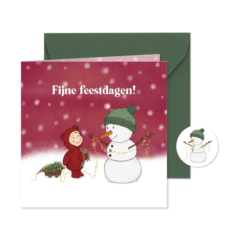 Kerstkaart kindje en sneeuwpop met kerstlichtjes - Kaartimpressie