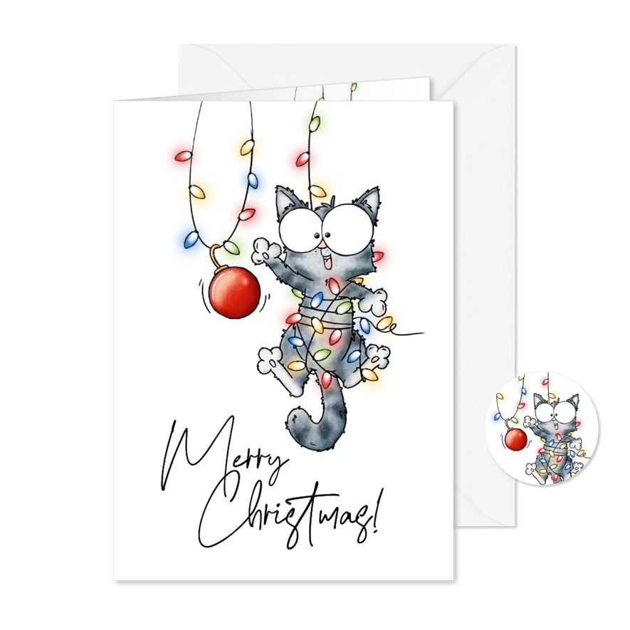 Kerstkaart kitten in kerstlampjes - Kaartimpressie