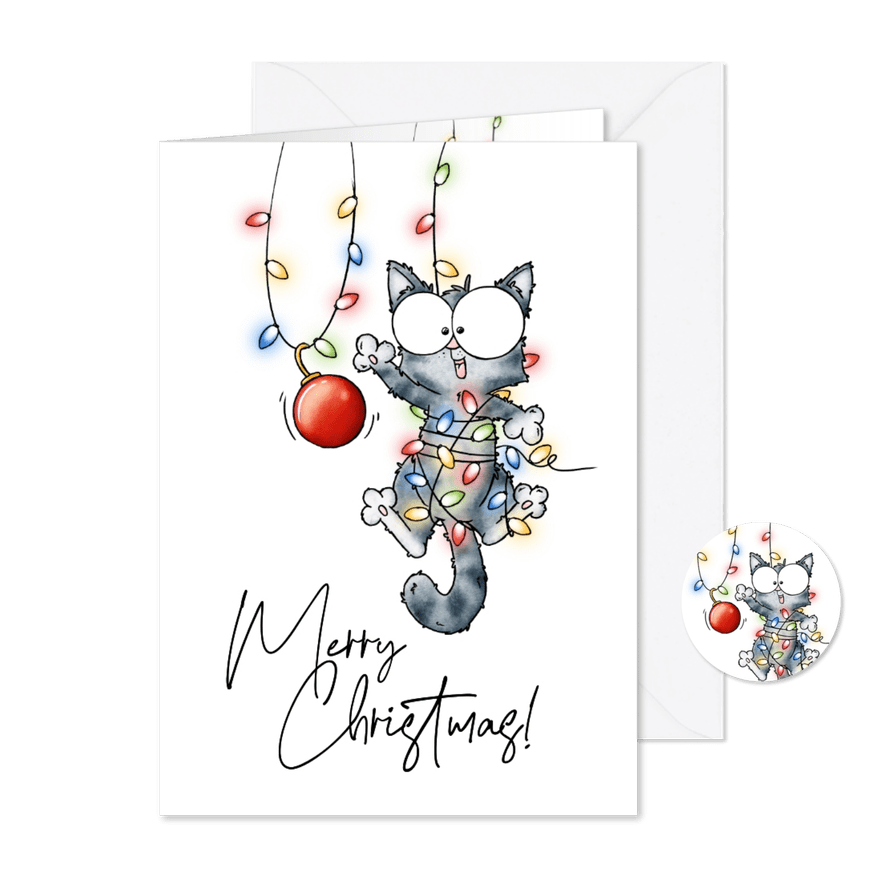 Kerstkaart kitten in kerstlampjes - Kaartimpressie