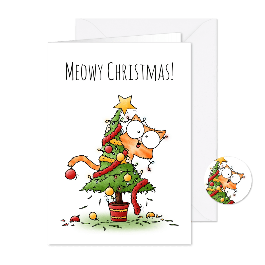 Kerstkaart kitten - Meowy Christmas and a purrrfect New Year - Kaartimpressie