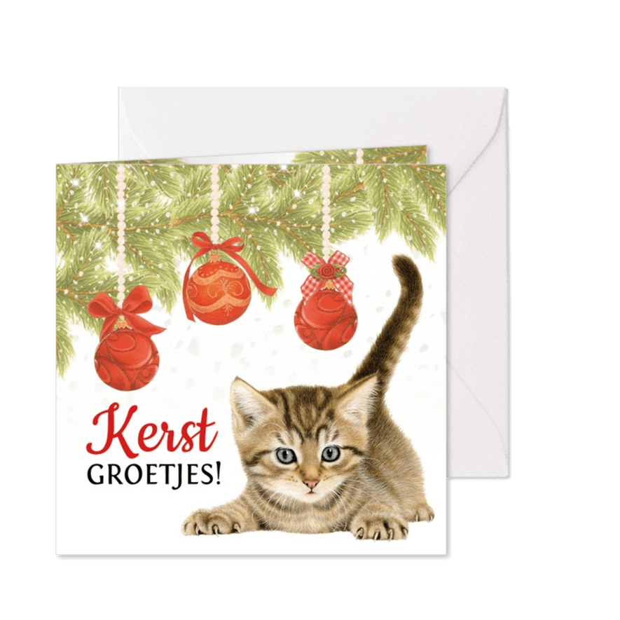 Kerstkaart kitten onder kerstboom met kerstballen - Kaartimpressie