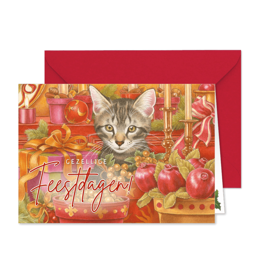Kerstkaart kitten tussen kerstkadootjes - Kaartimpressie