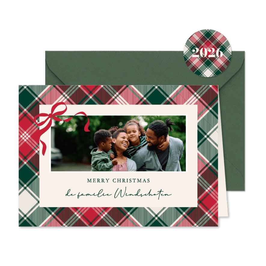kerstkaart klassiek met ruit en strikje - Kaartimpressie