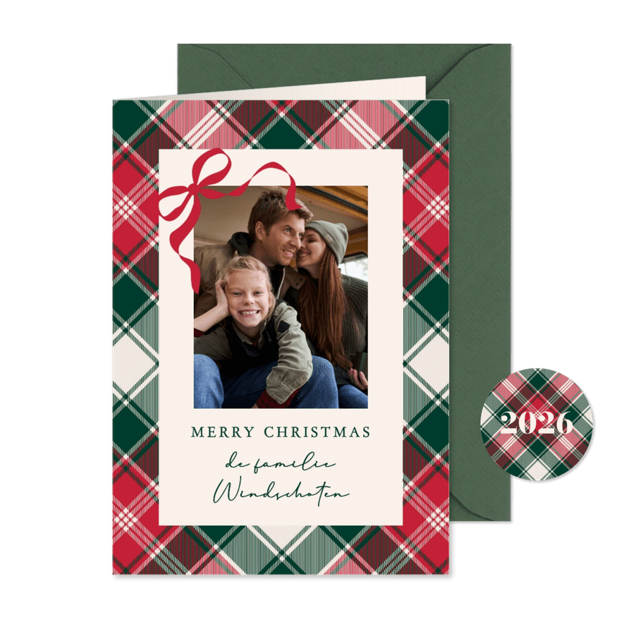 kerstkaart klassiek met strikje en ruit - Kaartimpressie