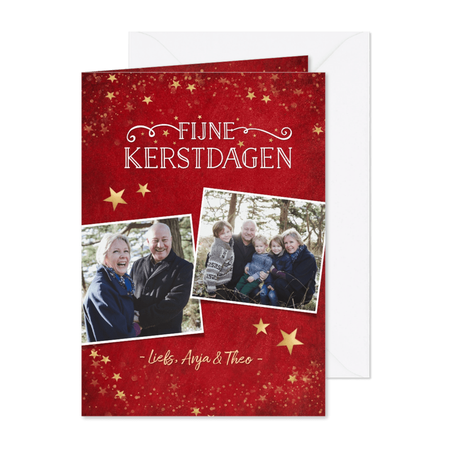 Kerstkaart klassiek rood met gouden sterren en eigen foto's - Kaartimpressie