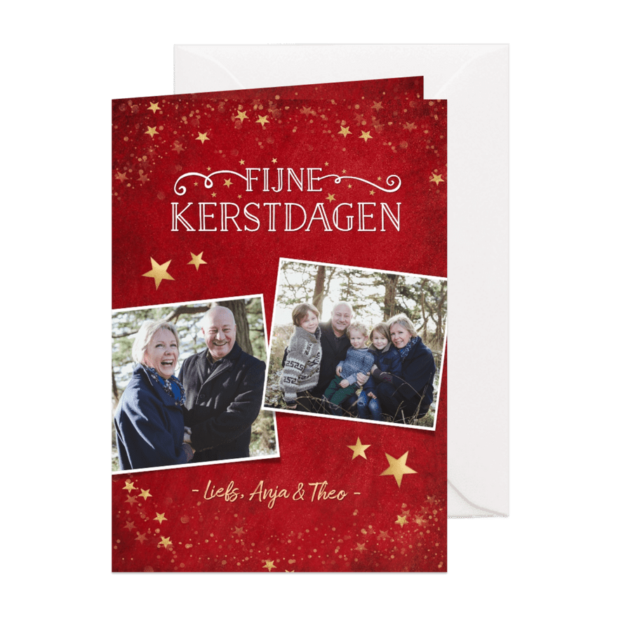 Kerstkaart klassiek rood met gouden sterren en eigen foto's - Kaartimpressie