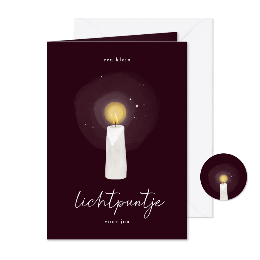 Kerstkaart klein lichtpuntje kaars bordeaux - Kaartimpressie