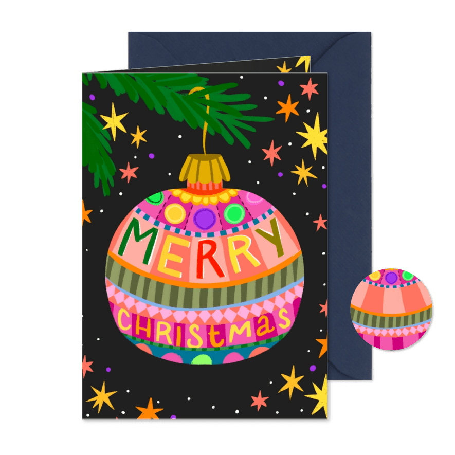 Kerstkaart kleur explosie kerstbal - Kaartimpressie