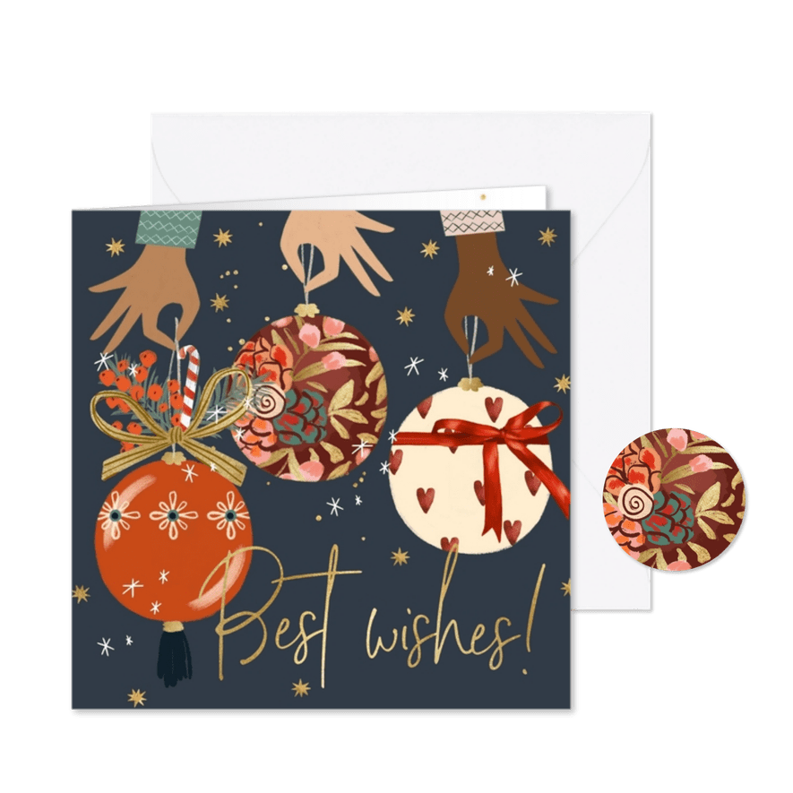Kerstkaart kleurrijk kerstballen goud handen best wishes - Kaartimpressie