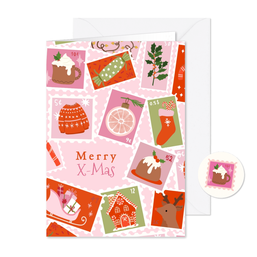 Kerstkaart kleurrijke postzegels - Kaartimpressie