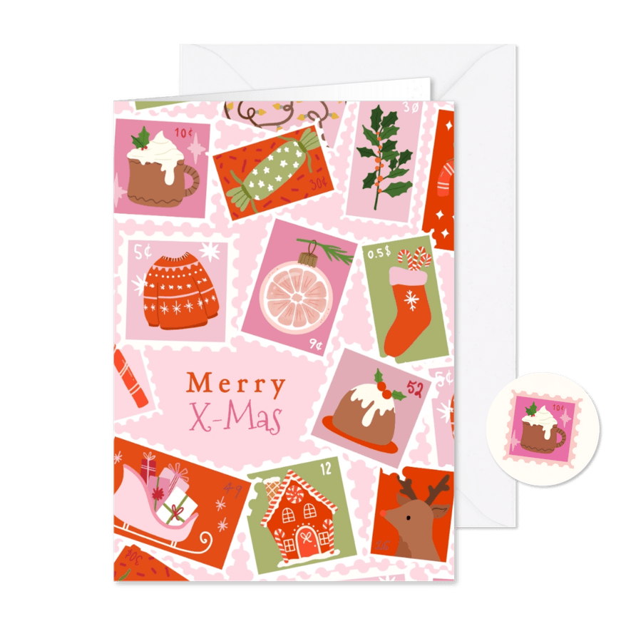 Kerstkaart kleurrijke postzegels - Kaartimpressie