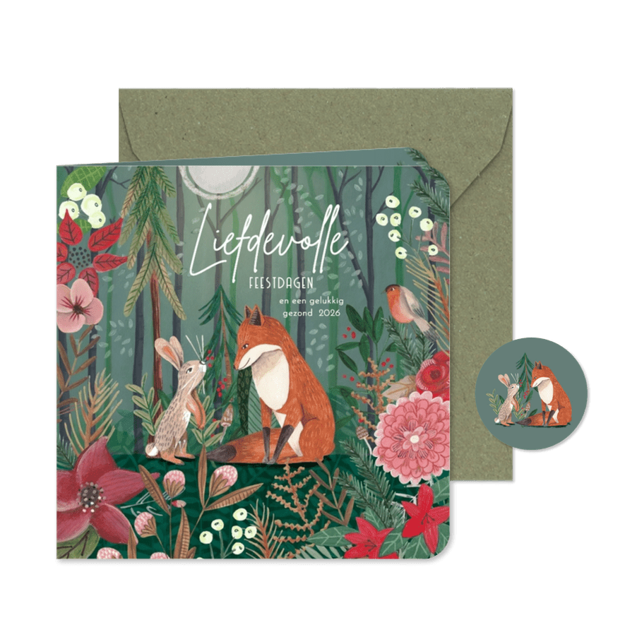 Kerstkaart konijn en vos in het bos - Kaartimpressie