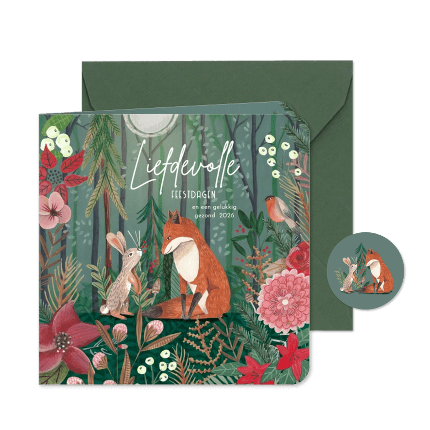 Kerstkaart konijn en vos in het bos - Kaartimpressie