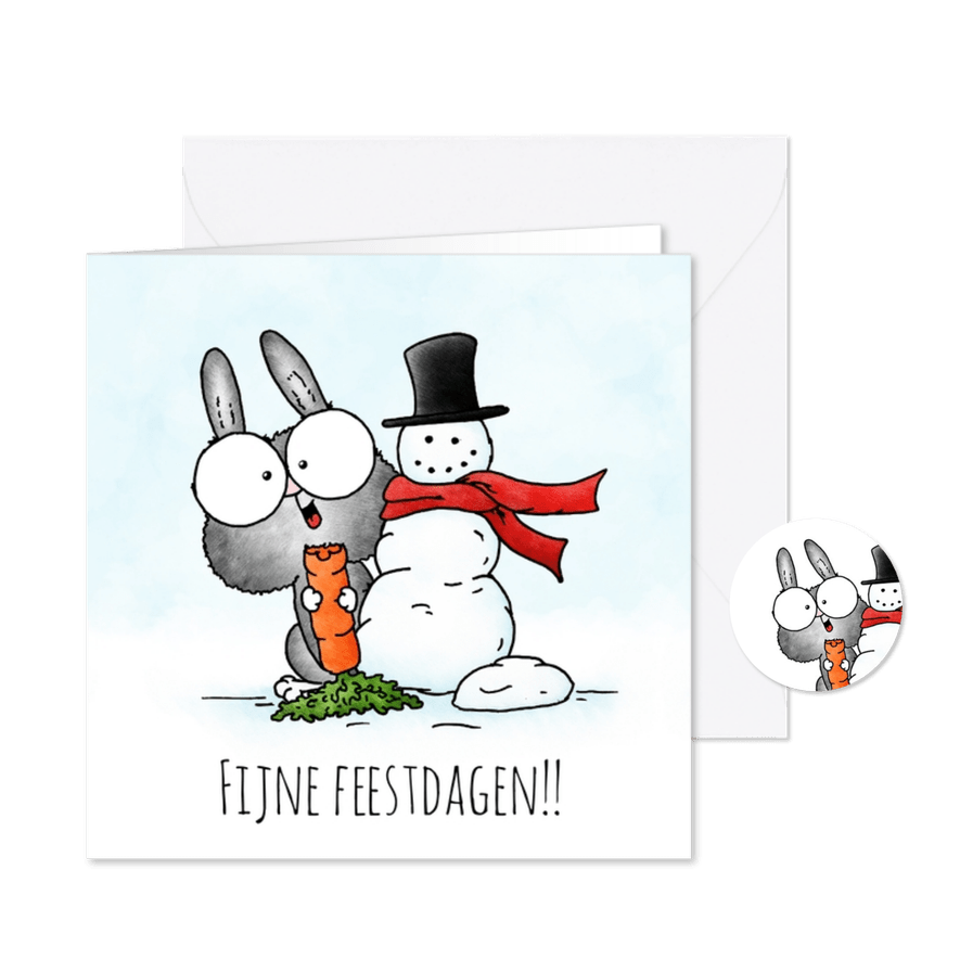 Kerstkaart - konijntje met sneeuwpop - Kaartimpressie