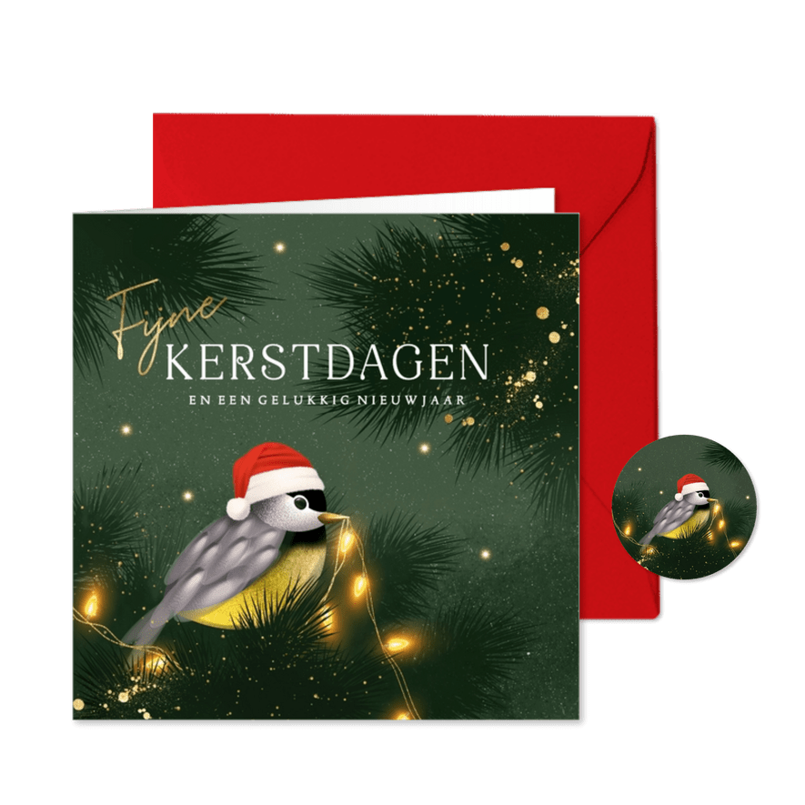 Kerstkaart koolmeesje kerstboom lichtjes - Kaartimpressie