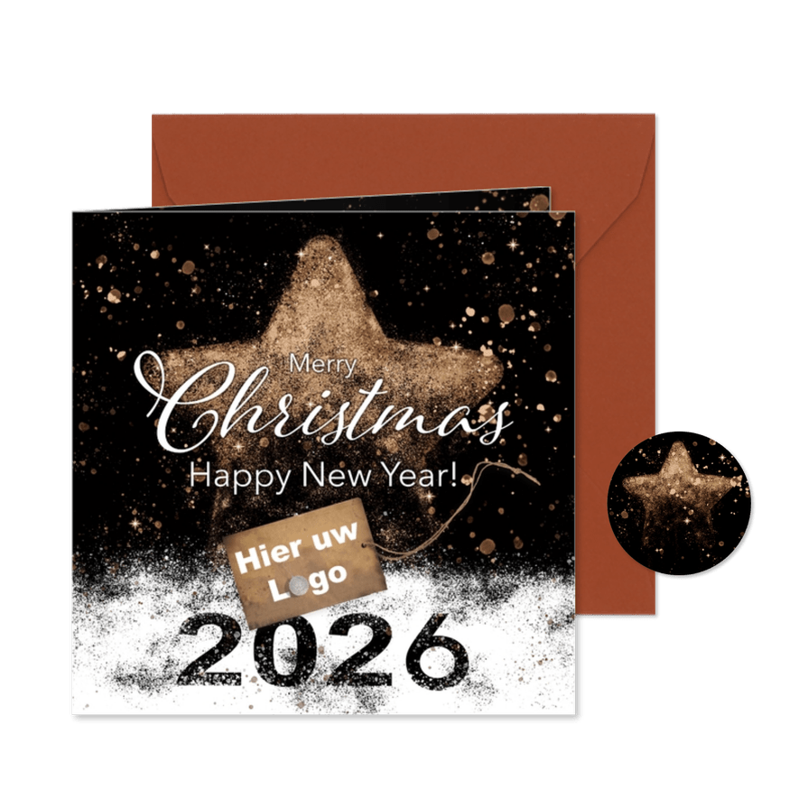 Kerstkaart koperen ster sneeuw en label 2026 - Kaartimpressie