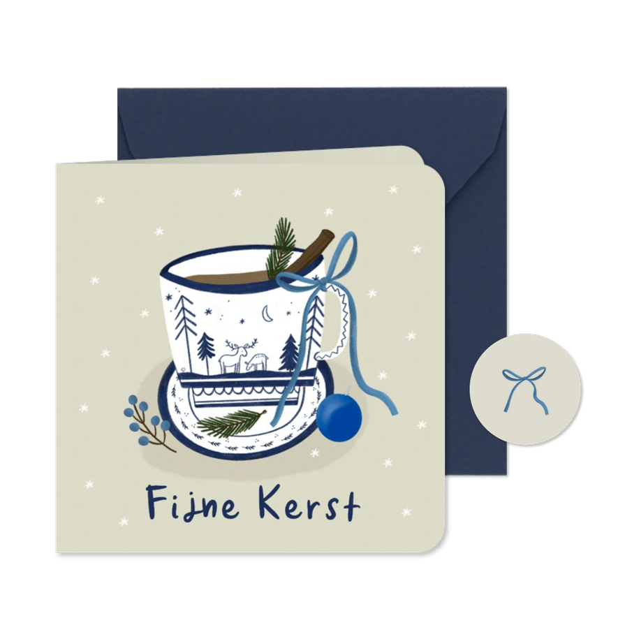Kerstkaart kopje delfts blauw hertjes strik kerstbal - Kaartimpressie