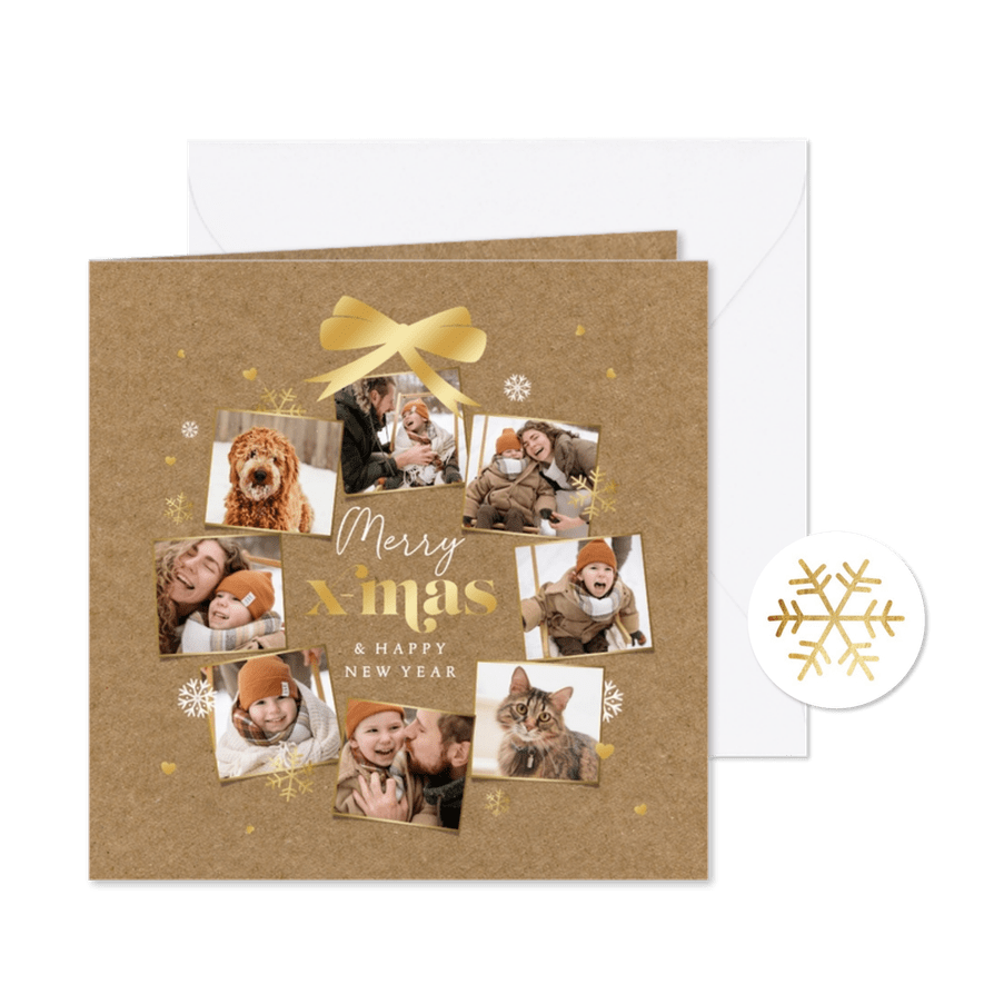 Kerstkaart kraft fotocollage hartjes sneeuw kerstbal - Kaartimpressie