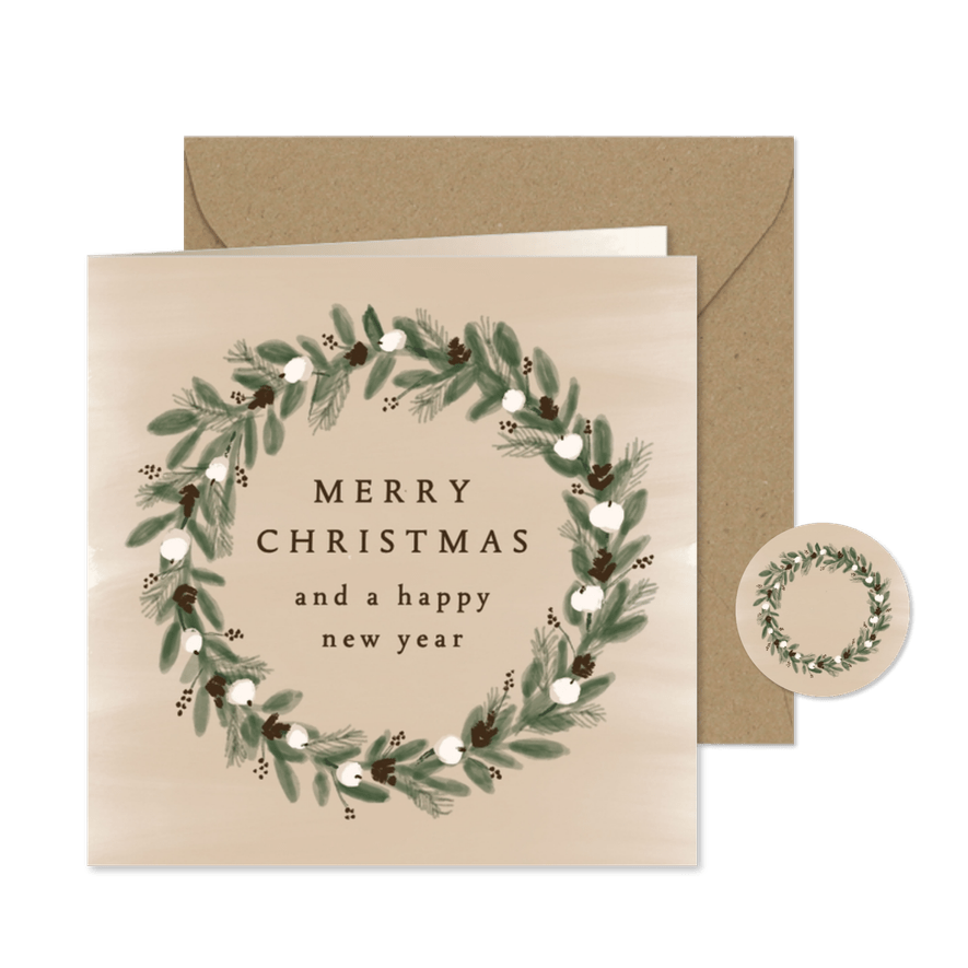 Kerstkaart krans bruin beige - Kaartimpressie