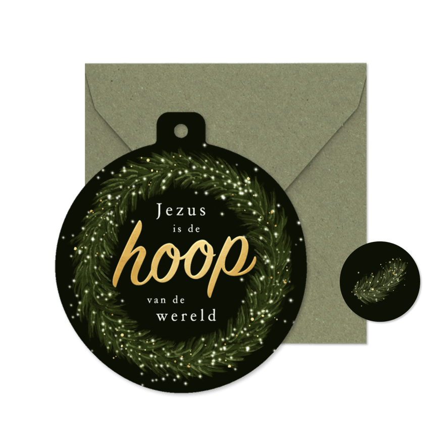 Kerstkaart krans lichtjes christelijk Jezus hoop wereld - Kaartimpressie