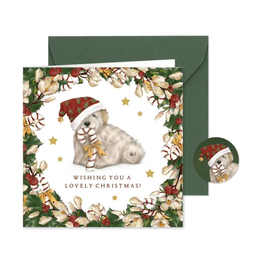 Kerstkaart krans met lief hondje en kerstmuts - Kaartimpressie
