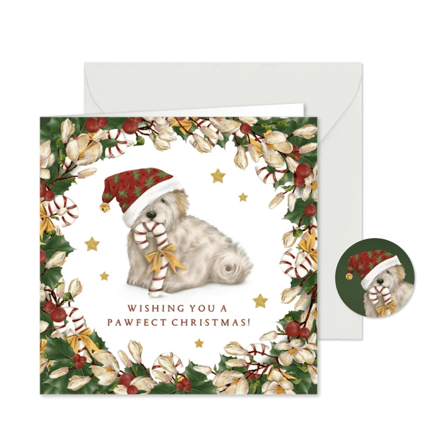 Kerstkaart krans met lief hondje en kerstmuts - Kaartimpressie
