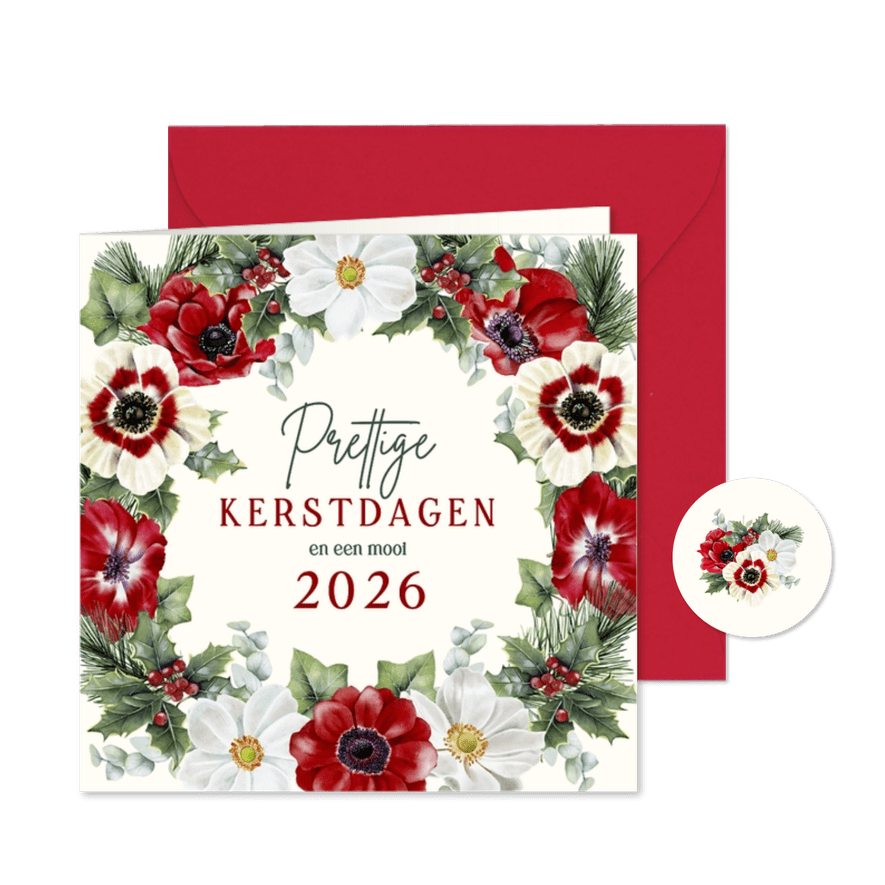 Kerstkaart krans van anemoontjes en dennentakken - Kaartimpressie
