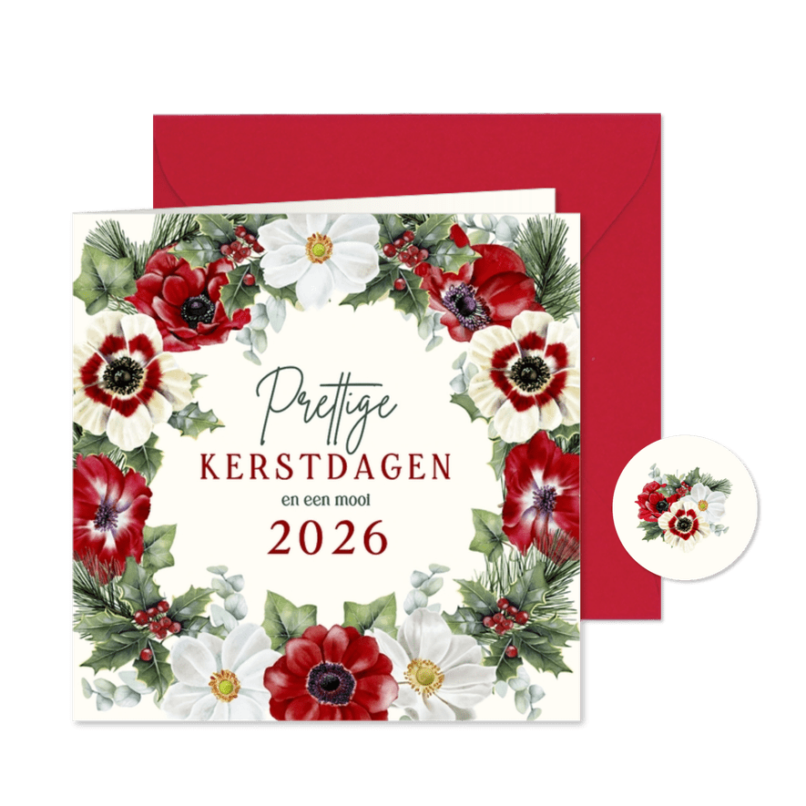 Kerstkaart krans van anemoontjes en dennentakken - Kaartimpressie