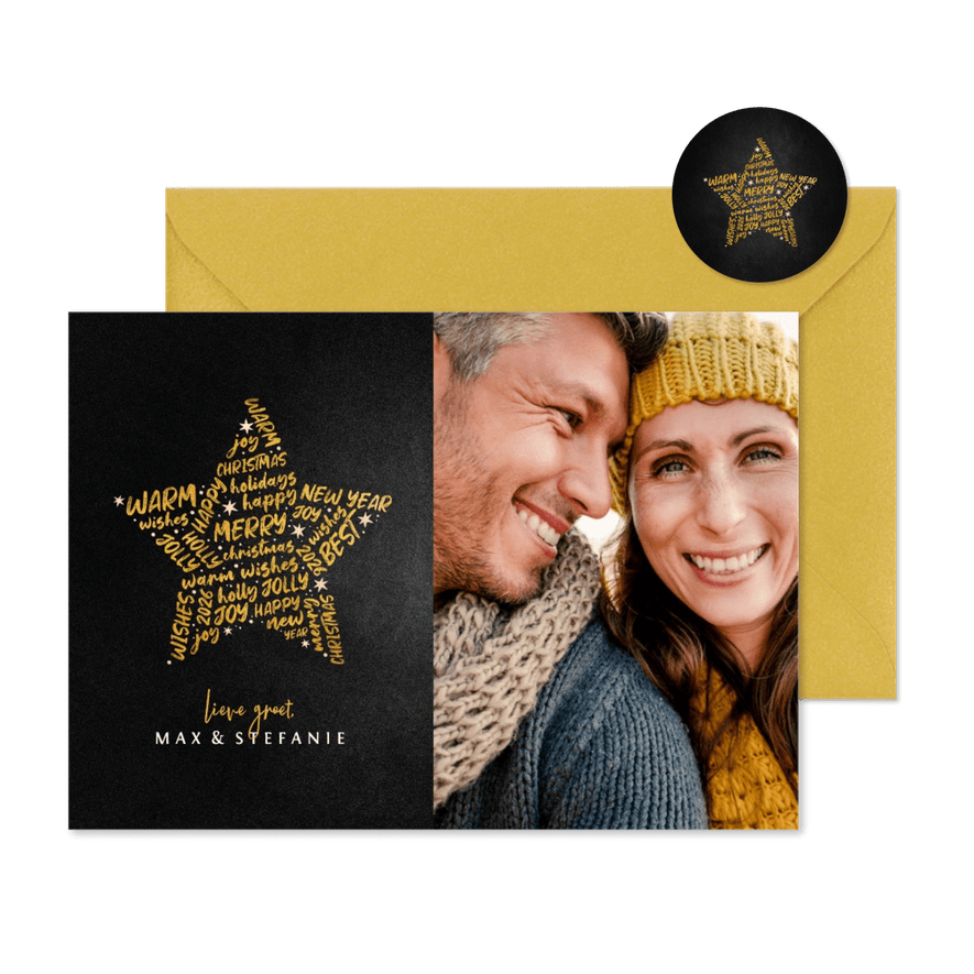 Kerstkaart krijtbord goudlook ster met woorden en foto - Kaartimpressie