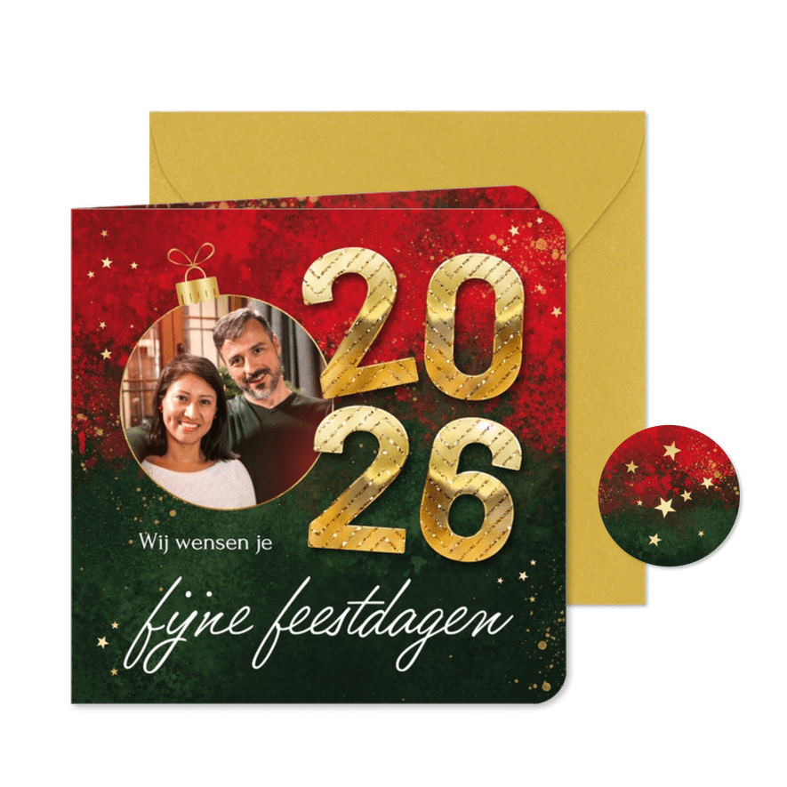 Kerstkaart kunst verf rood groen kerstbal foto 2026 goud - Kaartimpressie