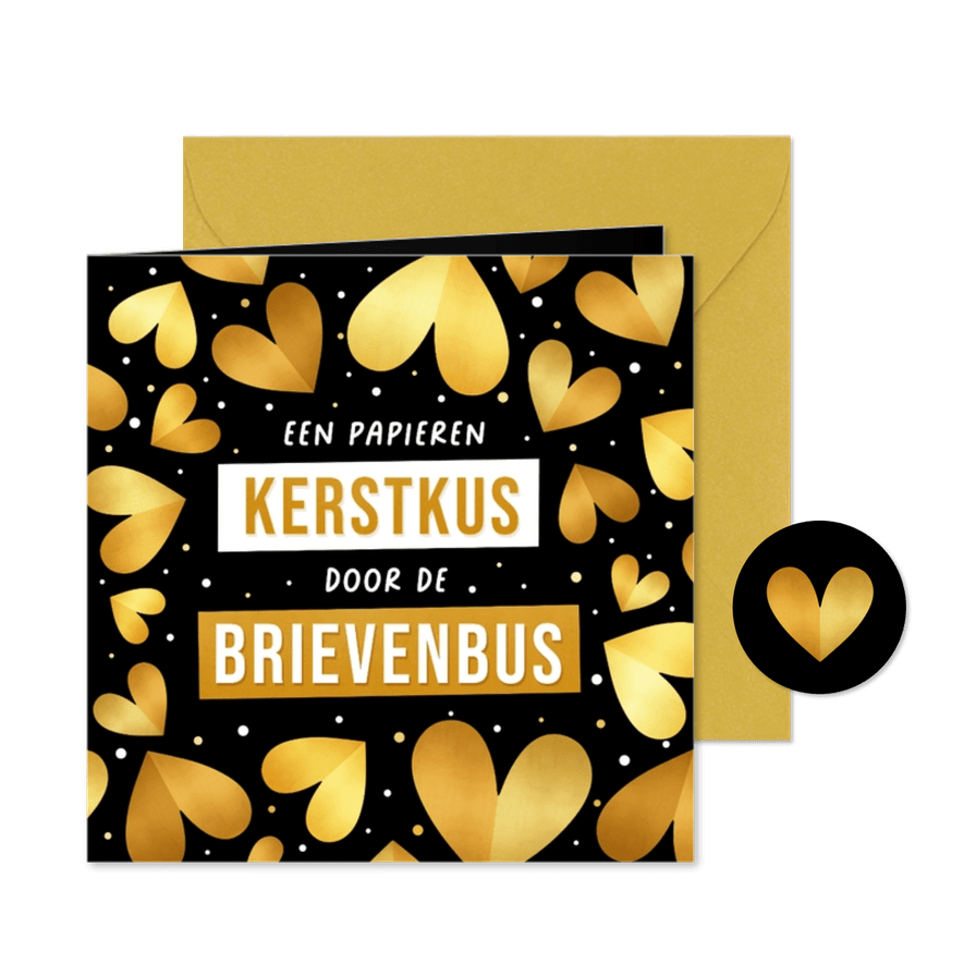 Kerstkaart kus door brievenbus met gouden hartjes - Kaartimpressie