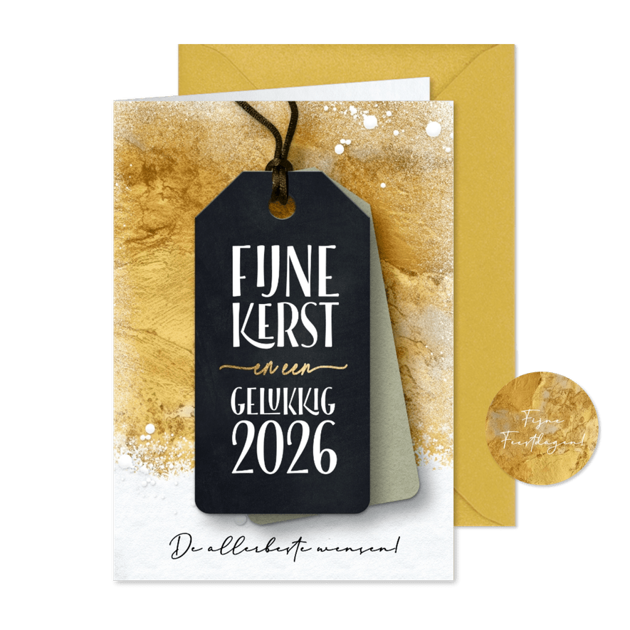 Kerstkaart label 2026 op goud en sneeuw - Kaartimpressie