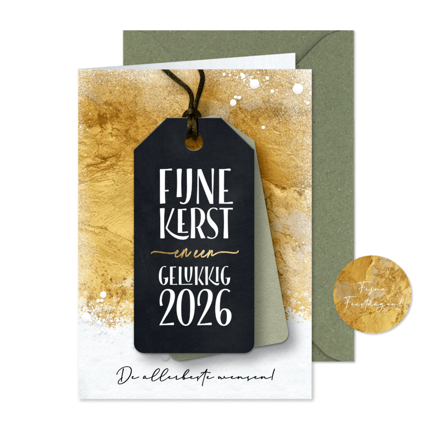Kerstkaart label 2026 op goud en sneeuw - Kaartimpressie