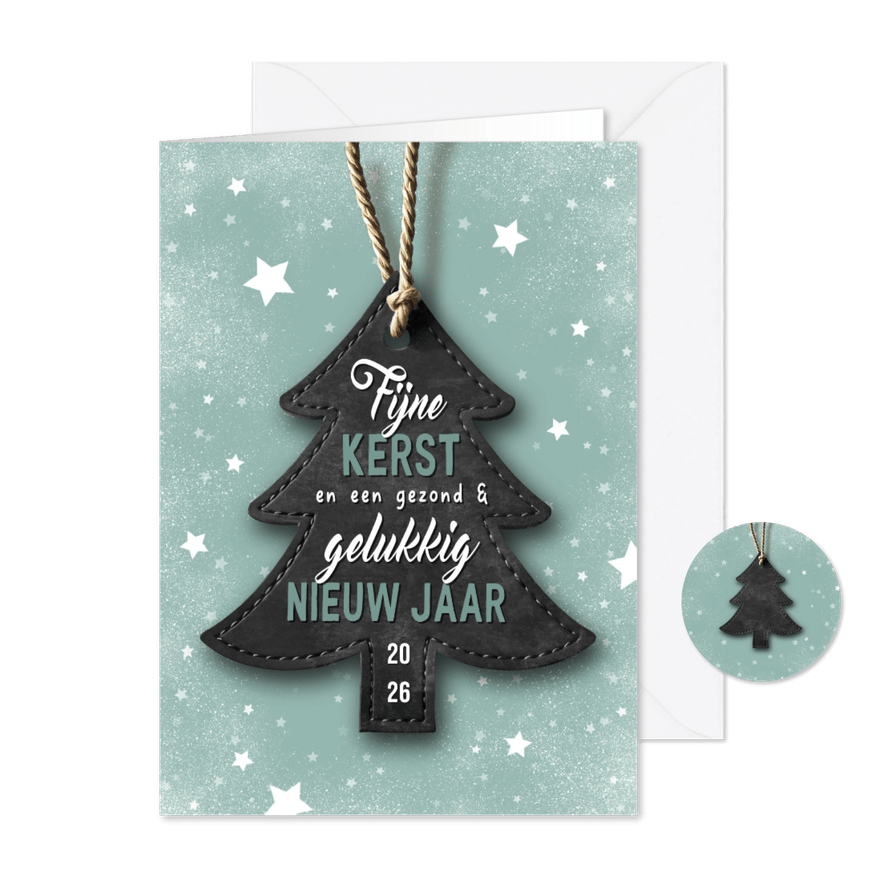 Kerstkaart label kerstboom sterren sneeuw - Kaartimpressie
