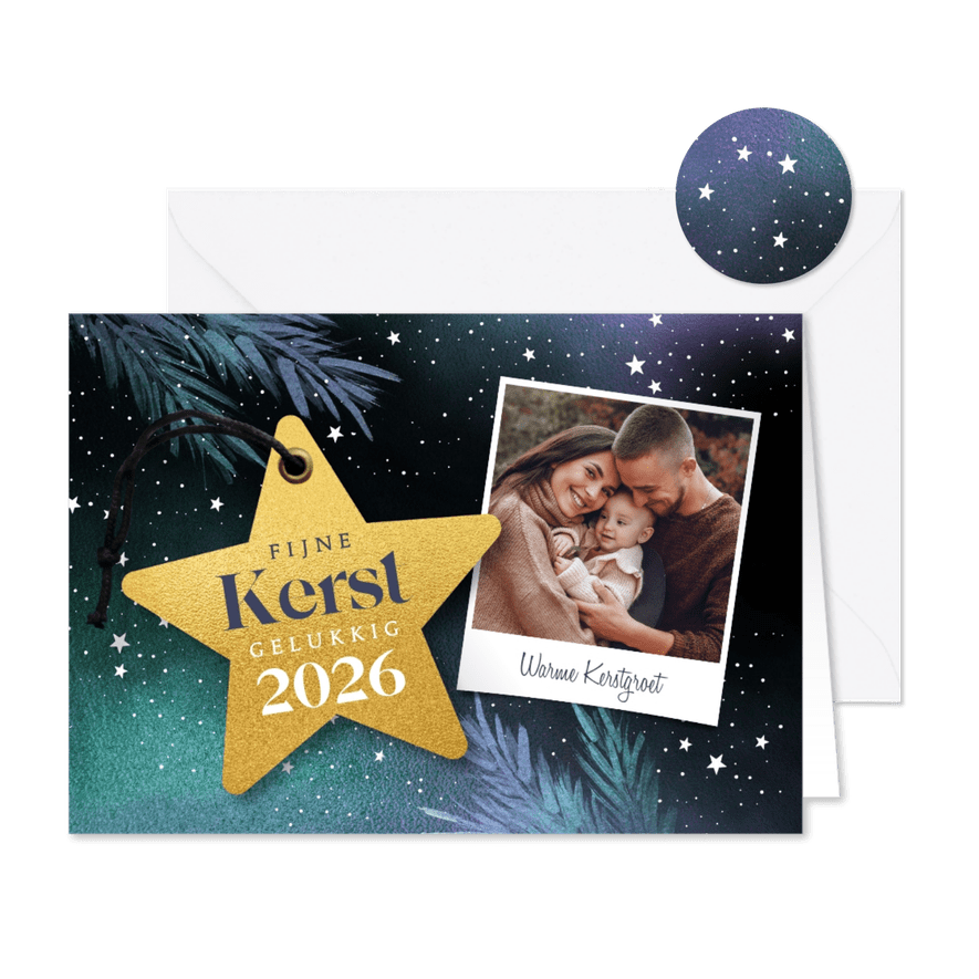 Kerstkaart label magische ster en foto - Kaartimpressie