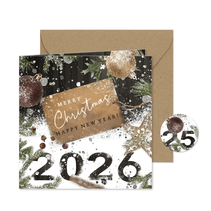 Kerstkaart label op hout en sneeuw - Kaartimpressie