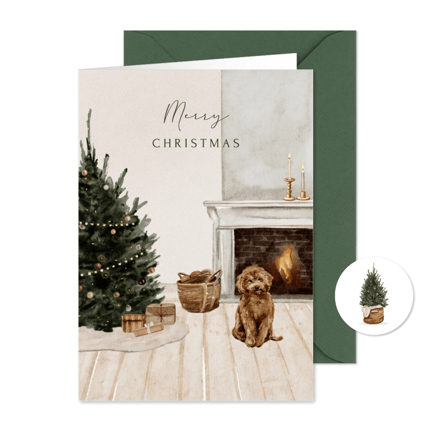 Kerstkaart labradoodle kerstboom haard cadeautjes - Kaartimpressie